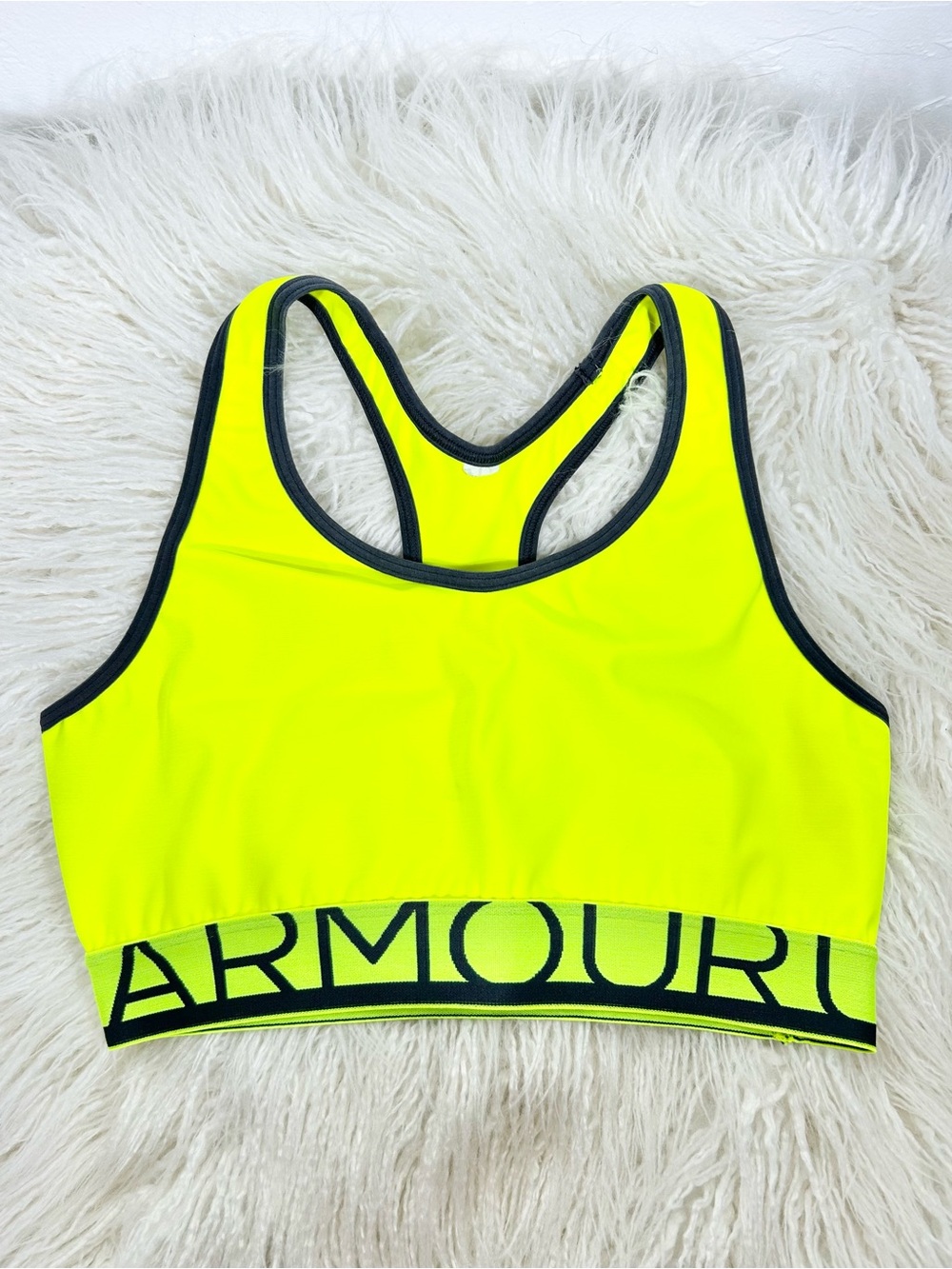 Under Armour HeatGear Mid Crossback Sports Bra Neon Yellow Wordmark Band M